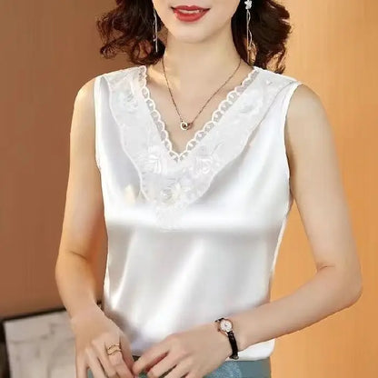 Woman T-shirts Elegant SILK Satin Blouse Sleeveless Female Summer Casual Loose Tanks and Camis Solid Green Tops for Women