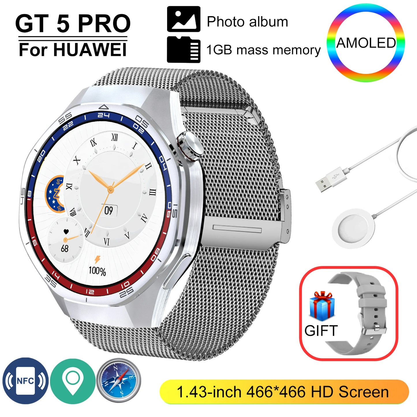 New GT 5 Pro Smart Watch Men Women 1GB Memory 466*466 HD Screen SmartWatch Heart rate Blood oxygen GPS tracker NFC Smartwatch