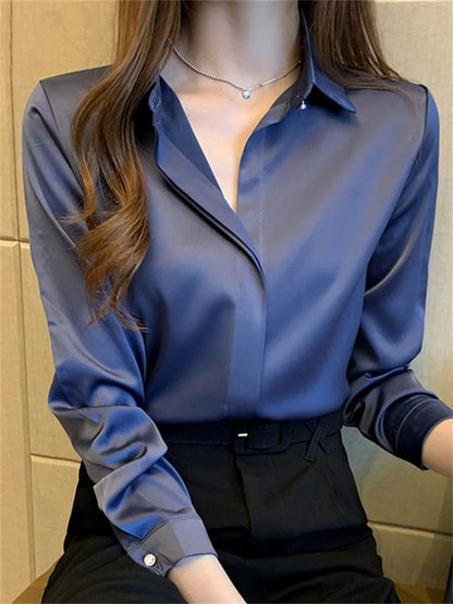 Satin Women Shirt Vintage Long Sleeve Blouse Women Silk Elegant Womens Tops Commuting Luxury White Shirt Autumn Female Clothing