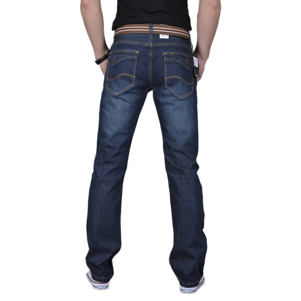 Men's Classic Straight Denim Pants Spring Summer Fashion Deep Blue Button High Waist Daily Work Wear Jeans Long Trousers