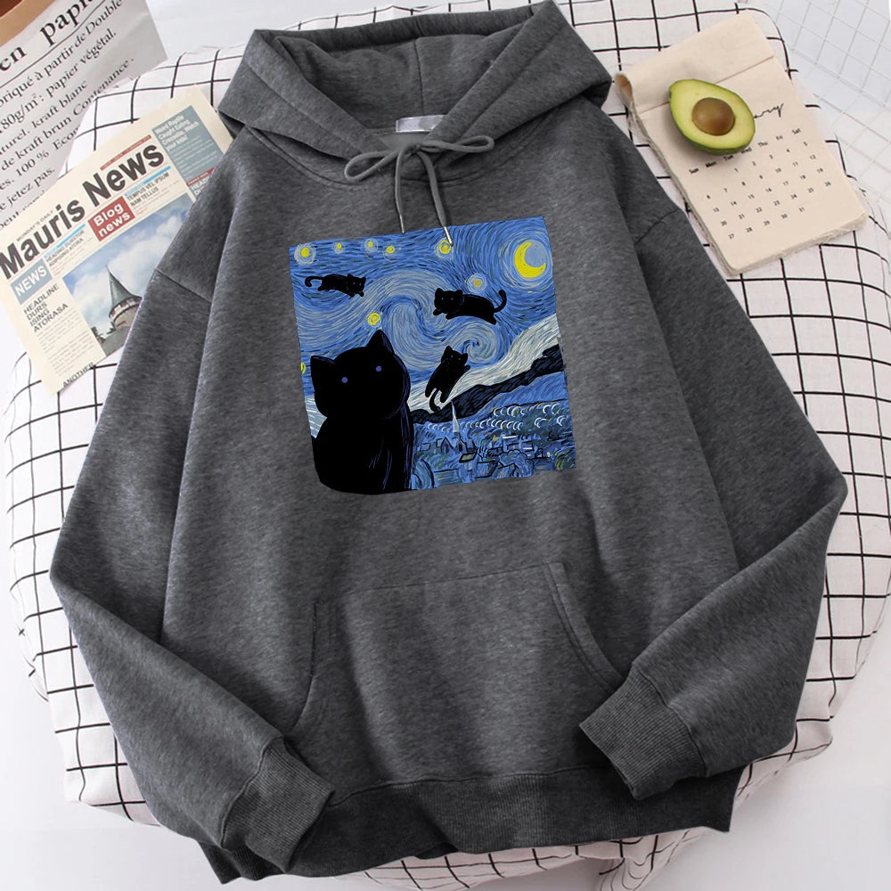 The Starry Cat Night Printing Hoodies Men Autumn Oversize Hoodie Fashion Fleece Sweatshirts Casual S-Xxl Pullover Tops