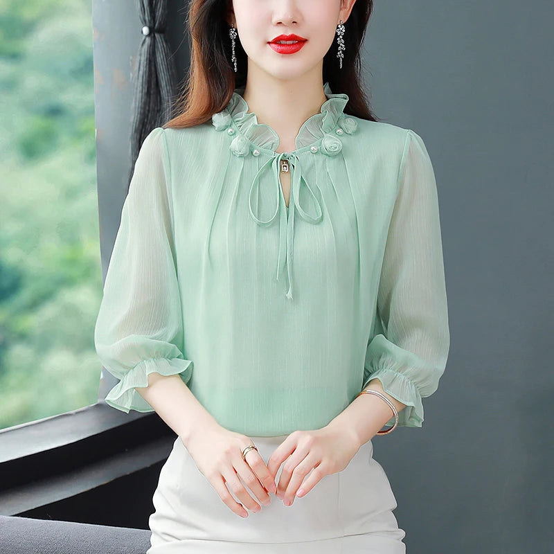 M-4XL Spring Summer Women Tops 2025 New Fashion Chiffon Blouse Petal Collar Half Sleeve Bow tie Loose Casual Shirt