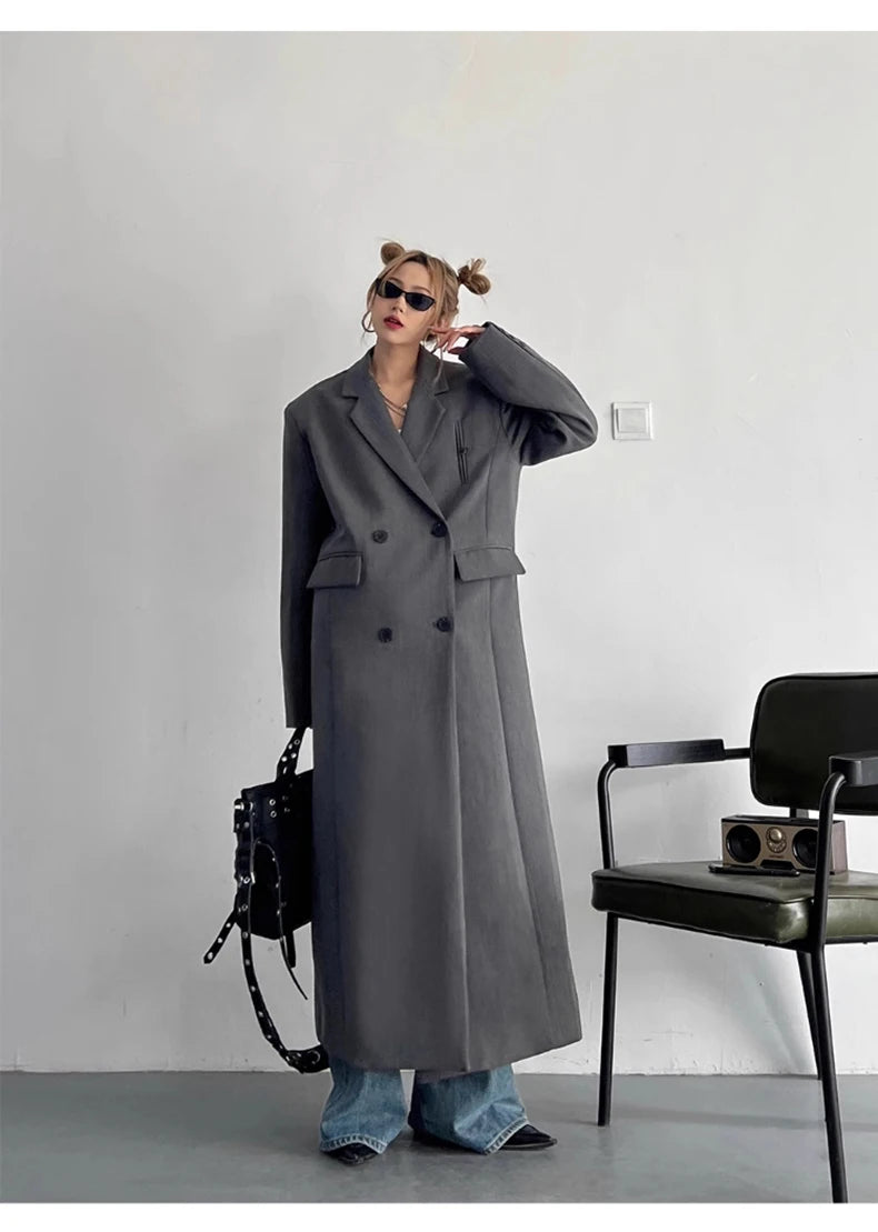 Lautaro Spring Autumn Long Grey Black Trench Coat for Women Double Breasted Loose Casual Korean Fashion Clothing Blazer 2025