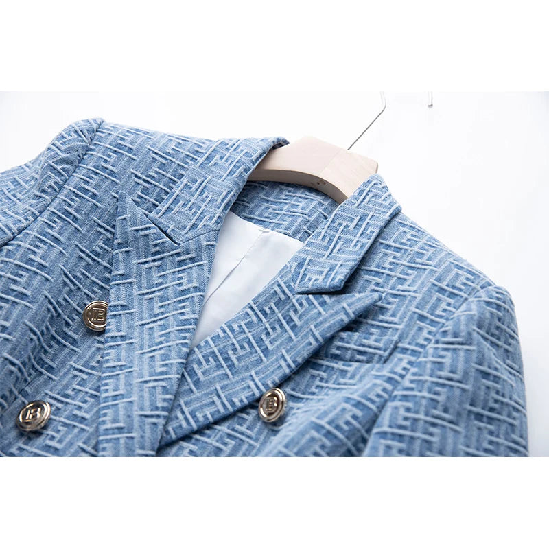 Custom Luxury Washed Fabric Wholesale Geometric Pattern Denim Jackets for Ladies Women Fashion Blazer with Belt