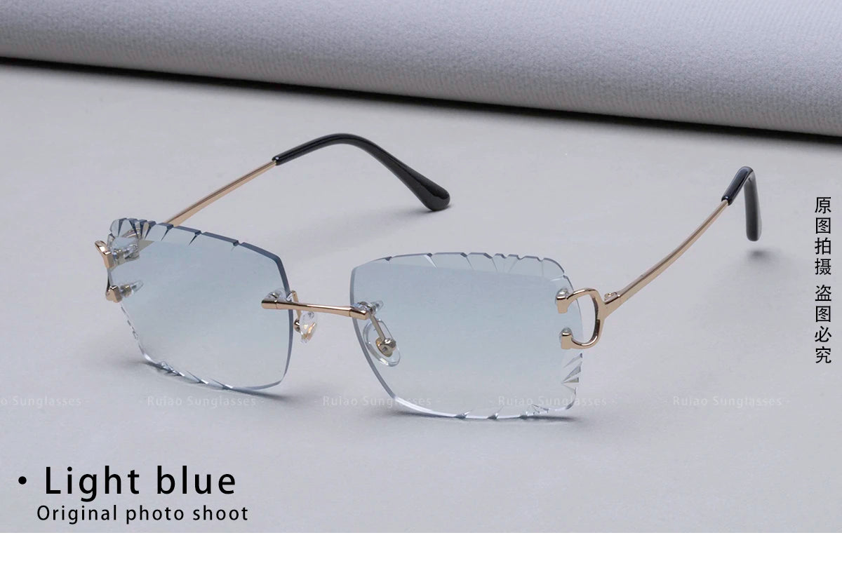 Ruiao Luxury high quality rimless diamond cut nylon lens UV400 Sunglasses fashion square metal legs glasses for men women