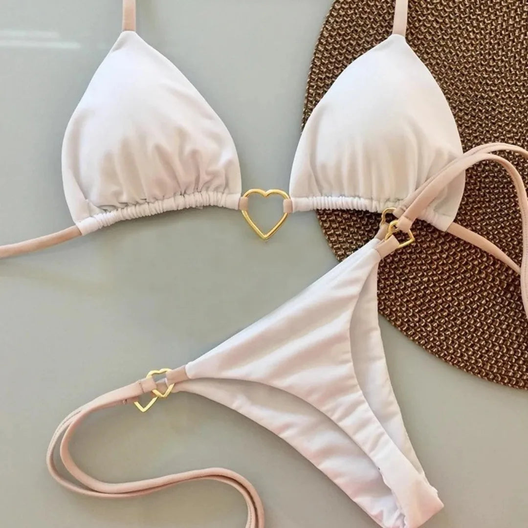 New Solid Color White Bikini Women suit Low Waist Lace-up Fashionable Swimsuit Two-piece Set