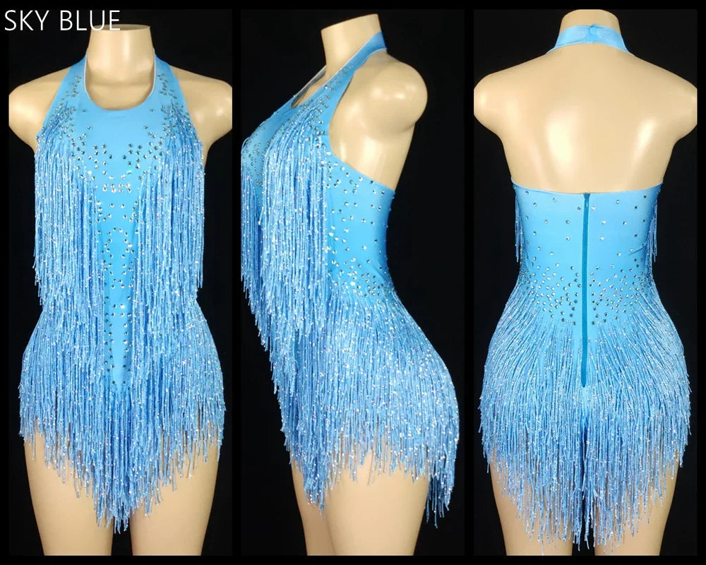 Sparkly Crystals Fringes Bodysuit Sexy Tassel Leotard Jazz Dance Costume One-piece Stage Wear Dancer Performance Show Clothing