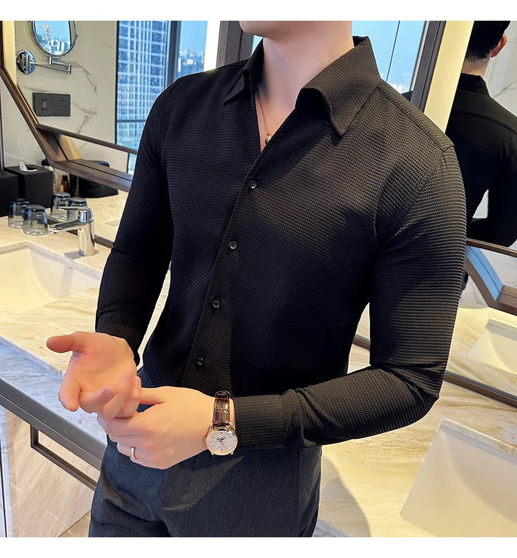 Autumn Solid Color Waffle Shirt Men Slim Fit V Neck Long Sleeve Casual Business Formal Dress Shirts Social Party Streetwear 4XL