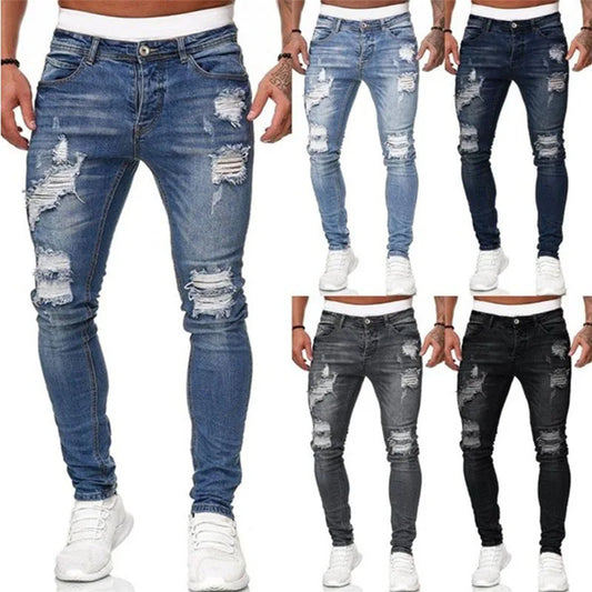 Streetwear Ripped Skinny Jeans Men Vintage wash Solid Denim Trouser Mens Casual Slim fit pencil denim Pants Hombre Joggers