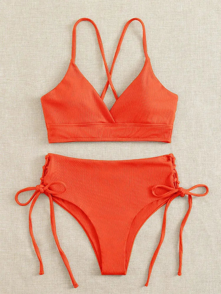 Cikini-V-Neck Split Bikini Set for Women, Sexy Swimsuit, Lace Up, Triangular Bikinis, Solid Color, Beach Swimwear, Bathing Suit