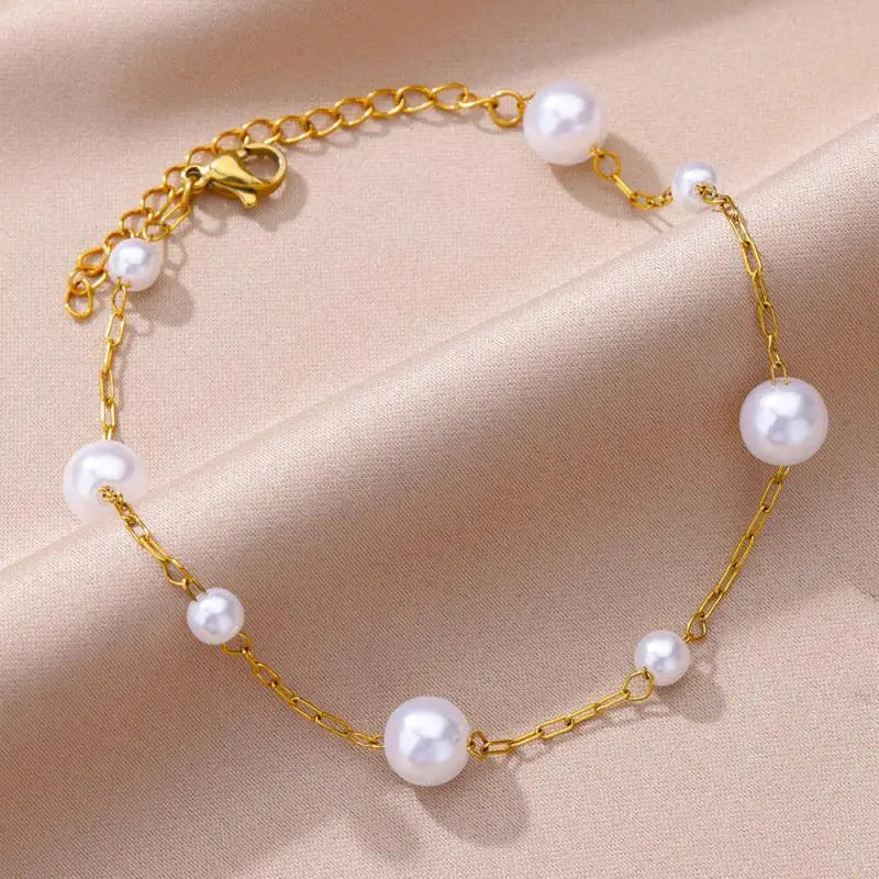 Anklets for Women Summer Beach Accessories Stainless Steel Imitation Pearl Chain Anklet Gold Color Leg Bracelets Bodychain Gifts