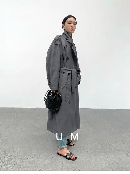 Lautaro Spring Autumn Oversized Khaki Long Grey Trench Coat for Women Double Breasted Loose Casual Korean Fashion Overcoat 2024