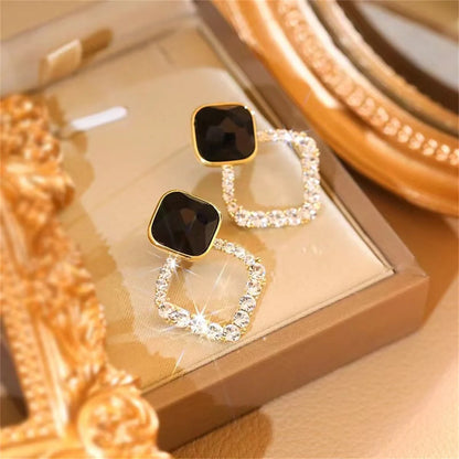 Black Color Love Heart Bowknot Stud Earrings For Women Elegant Geometric Hollow Square Zircon Earrings Wedding Party Jewelry