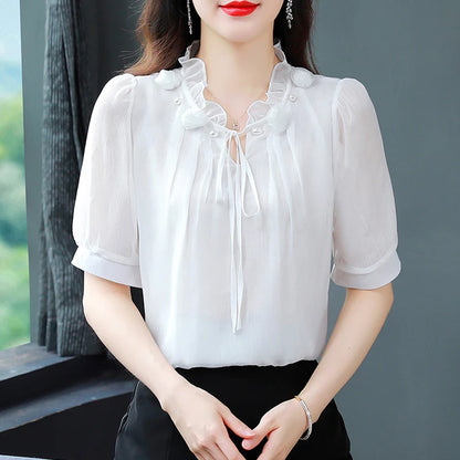 M-4XL Spring Summer Women Tops 2025 New Fashion Chiffon Blouse Petal Collar Half Sleeve Bow tie Loose Casual Shirt