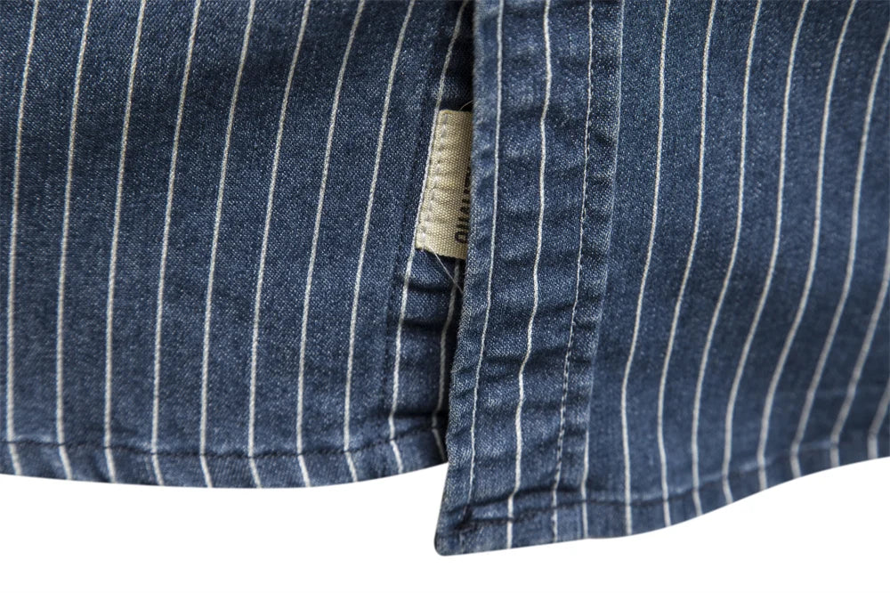 AIOPESON Cotton Men Denim Shirts Striped Stretch Long Sleeve High Quality Jeans Shirts for Men Casual Slim Cowboy Shirts Man