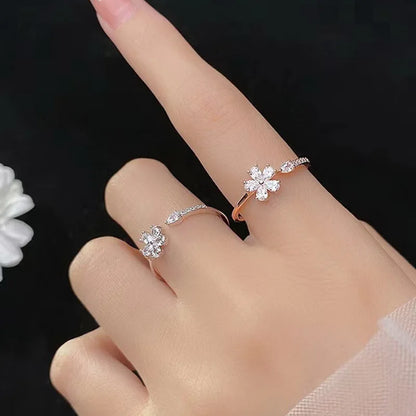 Luxury Zircon Flower Opening Rings for Women Cubic Zirconia Rose Cherry Blossom Tulip Adjustable Finger Ring Wedding Jewelry