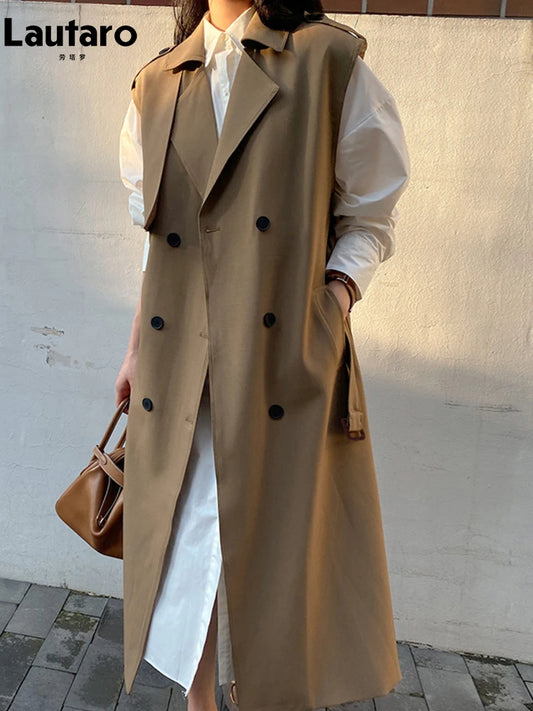 Lautaro Spring Autumn Long Khaki Sleeveless Trench Coat for Women with Belt Double Breasted Loose Casual Vest 2025 New Arrivals