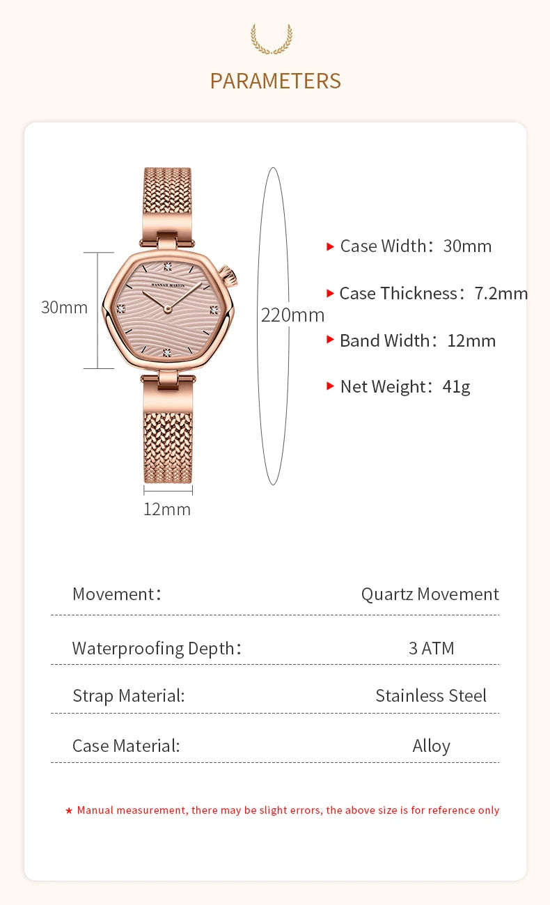 Hannah Martin Top Brand Women Stainless Steel Mesh With White Rose Gold Clock Original Japanese Quartz Movement Luxury Watches