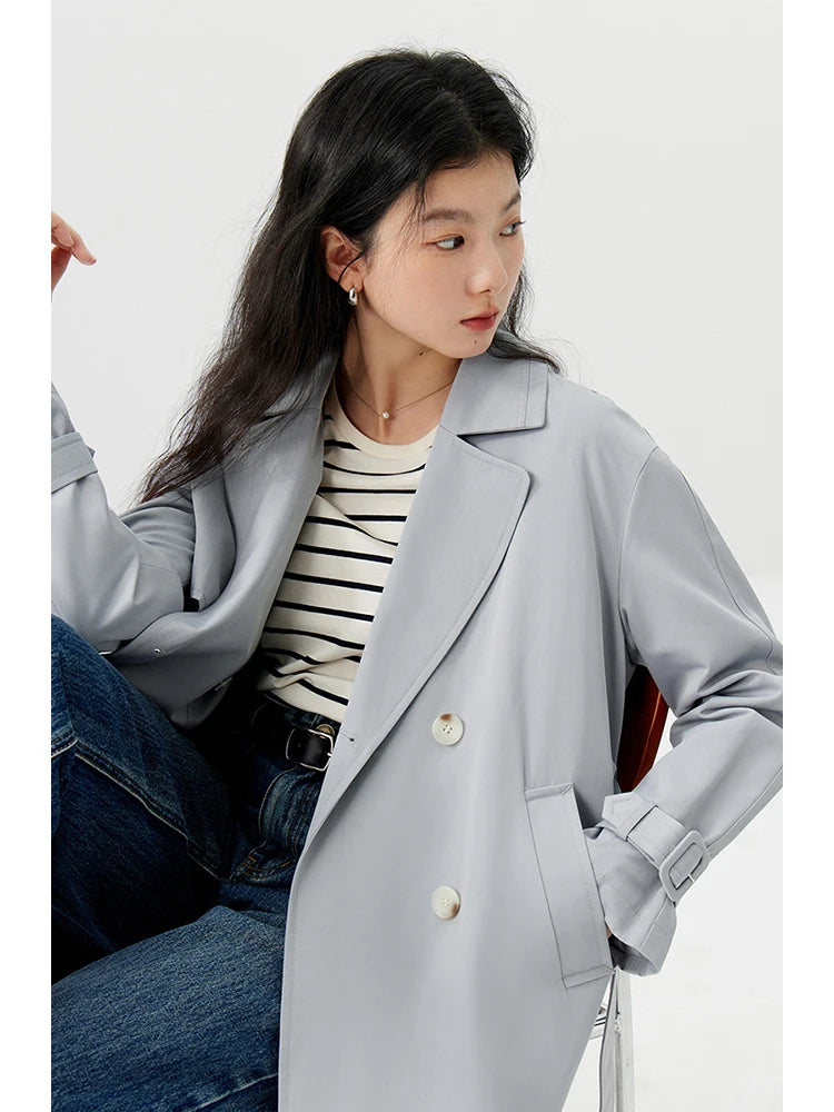 ZIQIAO Simple Double Breasted Long Straight Spring Trench Raglan Sleeve Turn-down Collar Female Blue Grey Trench Coat 24ZQ91232