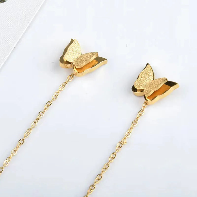 Stylish Cute Heart Butterfly Stainless Steel Gold Plated Not Fade Long Drop Earrings Ear Wire Ladies Women Gift Fashion Jewelry