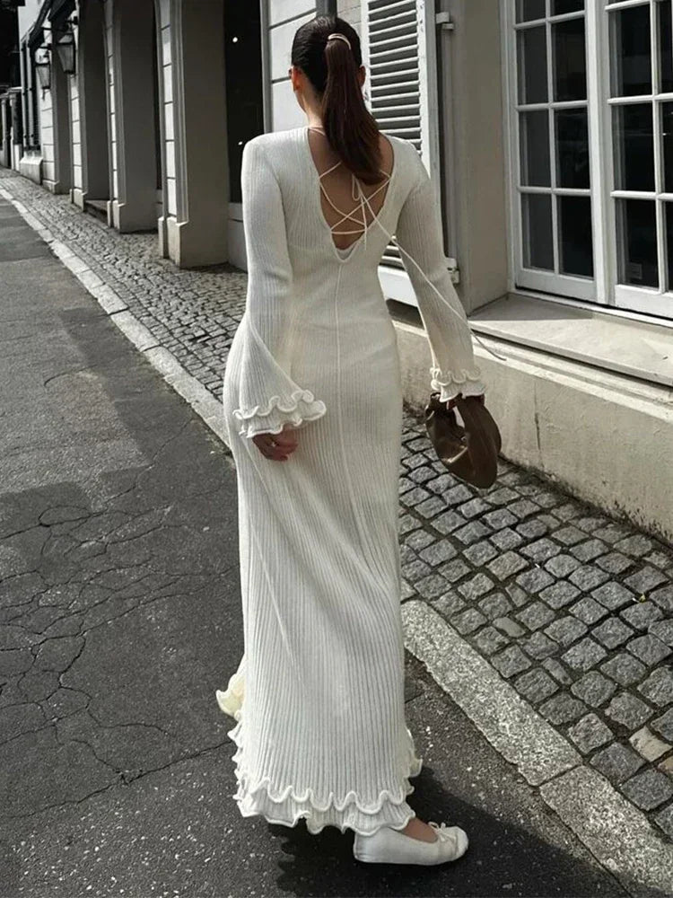 Elegant Women's Ruffles Hem Flare Sleeve Knitted Long Dress Chic Backless Lace Up Round Neck Vestido New Female Vacation Robes