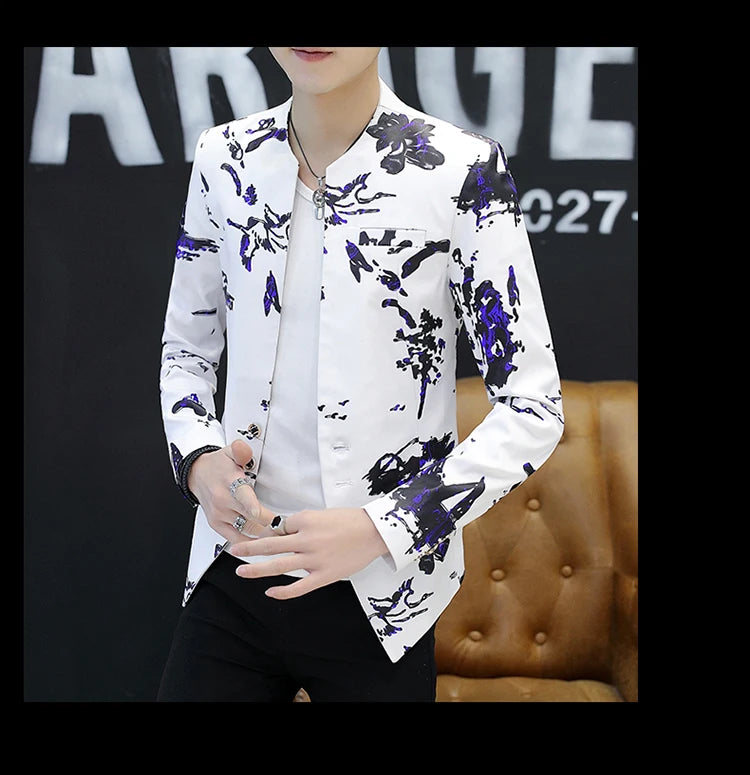 Men's Printed Small Suit Male Korean Version of The Self-cultivation Stand-up Collar Chinese Tunic Casual Suit Thin Jacket Youth