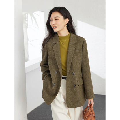 VIMLY Women's Simple Wool Blend Blazer Autumn Winter Lapel Collar Woolen Coat Suit Jacket Office Lady New Casual Outerwear