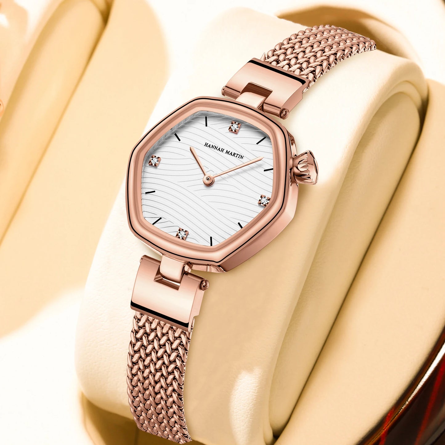 Hannah Martin Top Brand Women Stainless Steel Mesh With White Rose Gold Clock Original Japanese Quartz Movement Luxury Watches