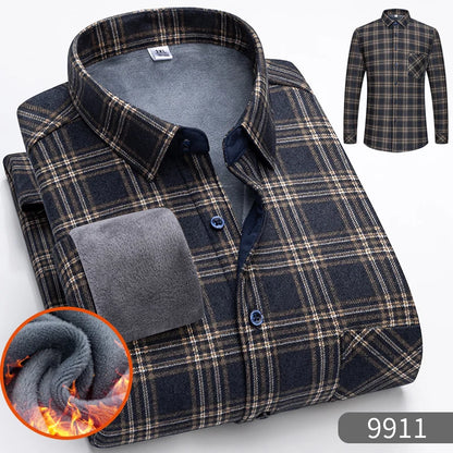 Autumn Winter Thicken Fleece Shirt Men Business Plaid Shirt Long Sleeve Warm Clothes Turn Down Collar Button Up Shirts Classic