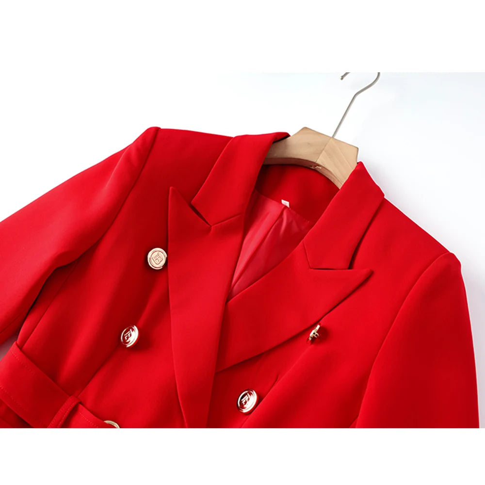 New Fall Party Red Women Pockets Jackets Slim Design Chic Lady Gorgeous Blazer with Belt