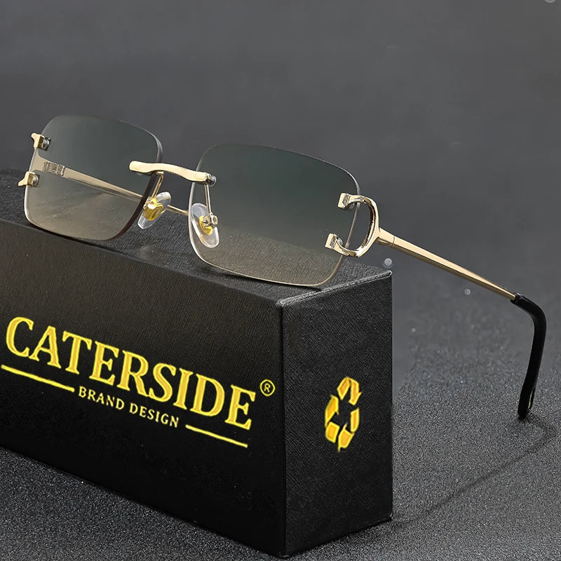 CATERSIDE Rectangular Sunglasses Men Rimless White Copper Small Square Sun Glasses For Women Gradient Lens Outdoor Eyewear UV400