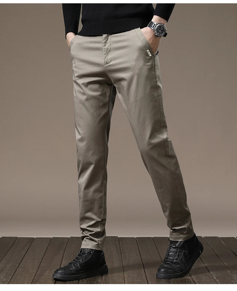 New High Quality Combed Cotton Casual Pants Men Thick Solid color Business Fashion Straight Fit Chinos Gray Brand Trousers Male