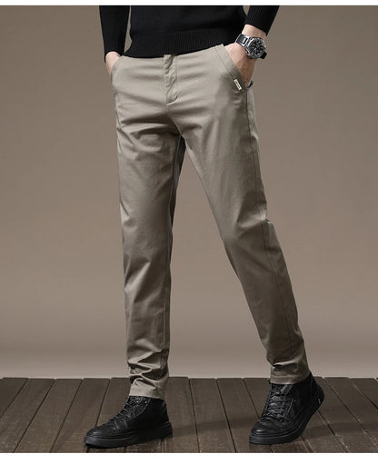 New High Quality Combed Cotton Casual Pants Men Thick Solid color Business Fashion Straight Fit Chinos Gray Brand Trousers Male