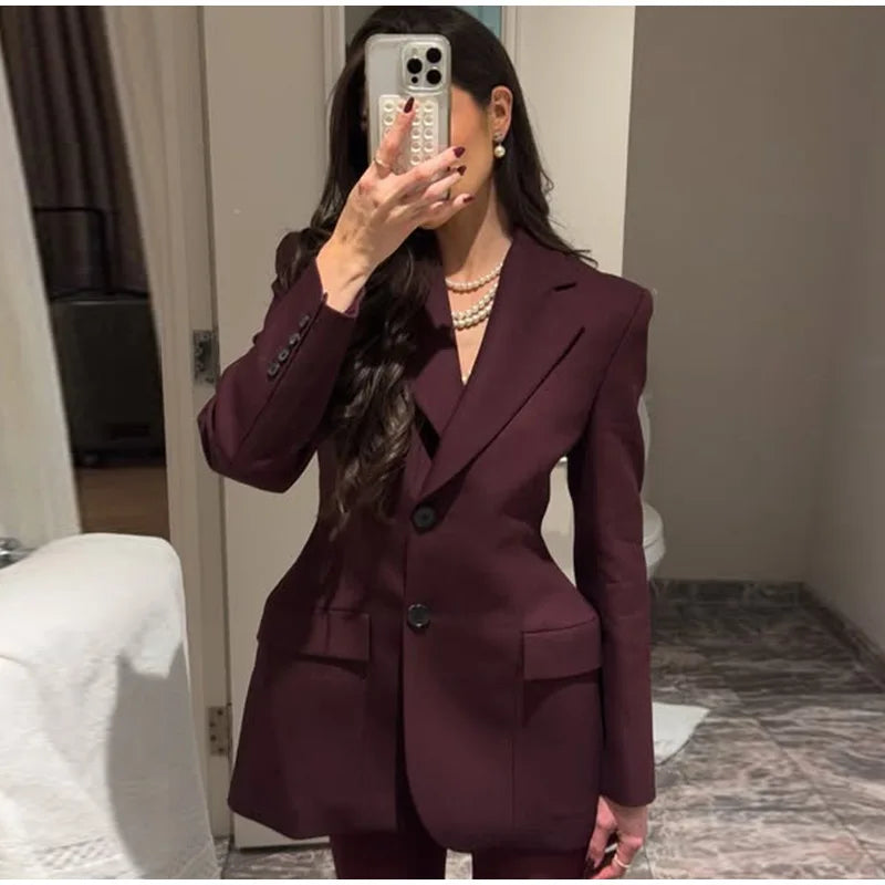 Elegant Suit Collar Shoulder Pads Blazer Women Slim Fit Single Breasted Long Sleeved Jackets Female 2025 Spring High Street Tops