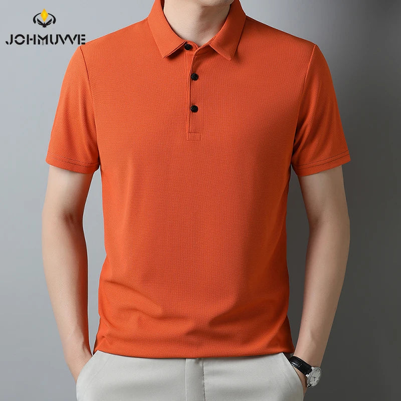 Men's Fashion Waffle Solid Short Sleeved Polo Shirt Summer Breathable Comfortable Top