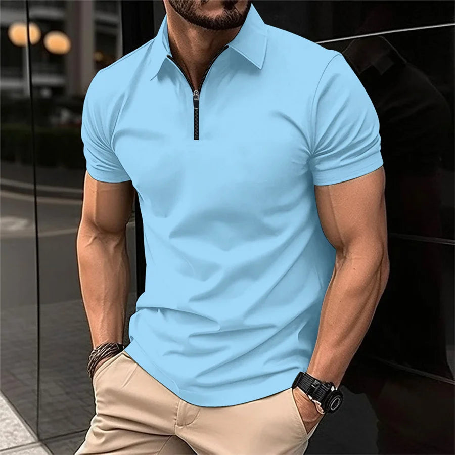 Summer Tiki Men's Business Casual Simple Solid Color Durable Office Small Zipper Lapel Short Sleeve Trend Men's POLO Shirt