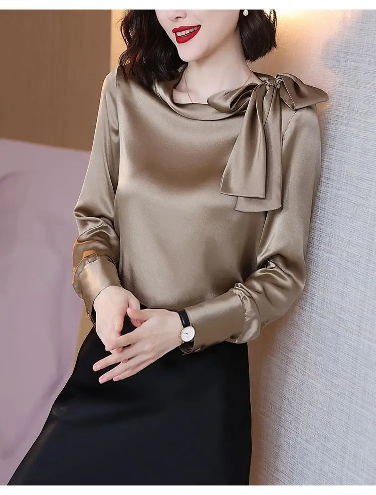 Summer Autumn Office Lady Satin Solid Elegant Fashion Bow Shirt Women Long Sleeve Temperament Bottoming Blusa All-match Blouse