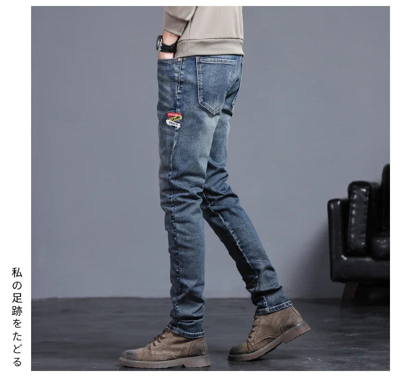 New Men's Vintage Jeans Korean Fashion Slim Little Feet Embroidered Trousers Stretch Male Streetwear Denim Pants