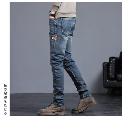 New Men's Vintage Jeans Korean Fashion Slim Little Feet Embroidered Trousers Stretch Male Streetwear Denim Pants