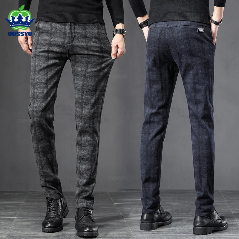 2024 New Spring Autumn England Plaid Work Stretch Pants Men Business Fashion Slim Grey Blue Casual Pant Male Brand Trousers 38