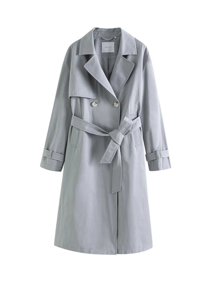 ZIQIAO Simple Double Breasted Long Straight Spring Trench Raglan Sleeve Turn-down Collar Female Blue Grey Trench Coat 24ZQ91232