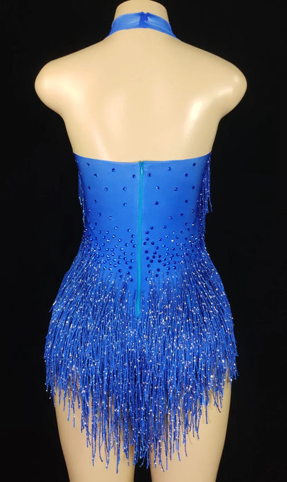 Sparkly Crystals Fringes Bodysuit Sexy Tassel Leotard Jazz Dance Costume One-piece Stage Wear Dancer Performance Show Clothing