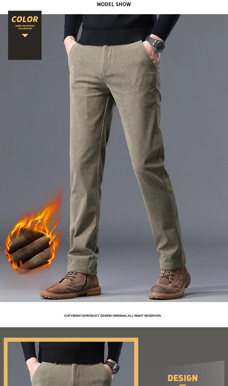 Fleece Men's Corduroy Casual Pants Chenille Stretch Solid Color Business Trousers Thickened Warm Winter Thermal Male Clothing