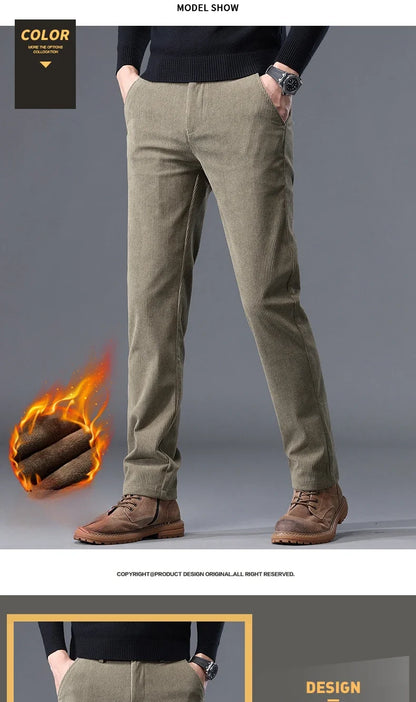 Fleece Men's Corduroy Casual Pants Chenille Stretch Solid Color Business Trousers Thickened Warm Winter Thermal Male Clothing