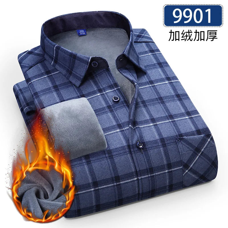 New 5XL men's shirt autumn and winter plus fleece thickened warm long sleeve non-ironing plaid business casual slim-fit fashion