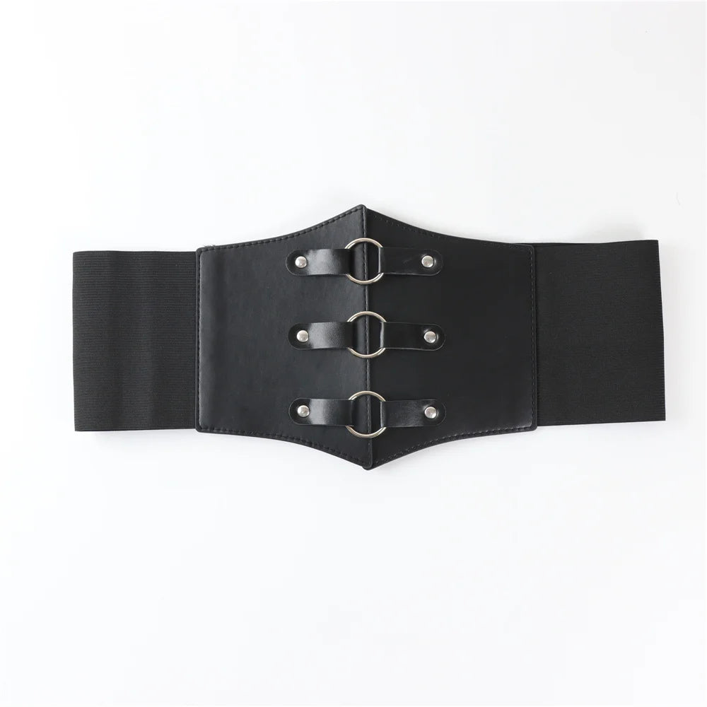 Fashionable Gothic Corset Belt Triple Buckle with Black Rivet Studs Elastic Waspie Waistband for Punk Women Perfect for Coats