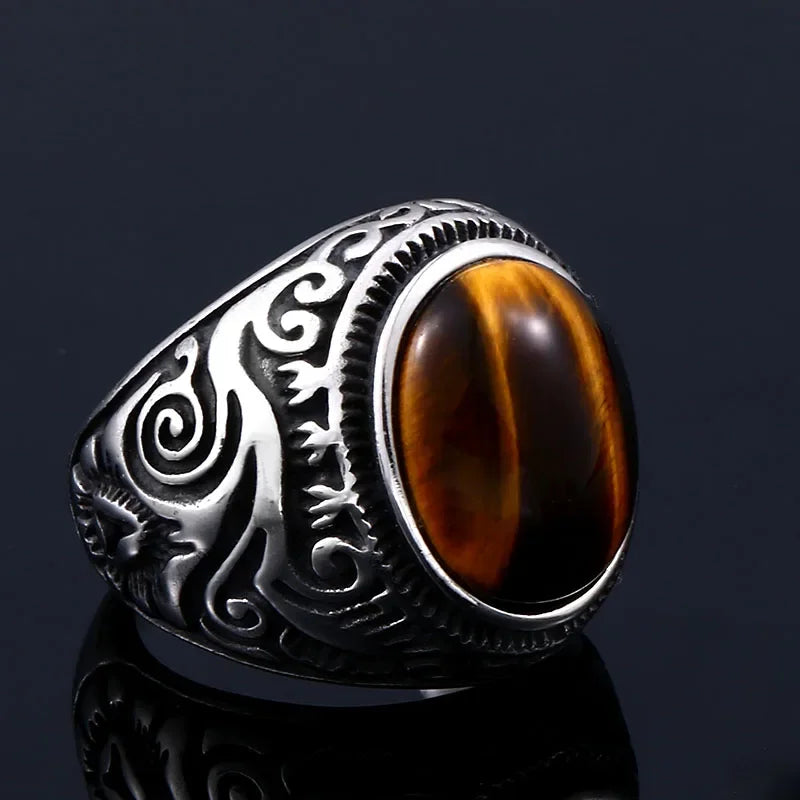 2024 new  316L Stainless Steel Vintage White And Tiger Eye Brown Eye Men's Ring Fashion High Quality Jewellery