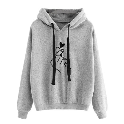 Autumn Fleece Hoodie Solid Color Finger Heart Hooded Korean Fashion Sweatshirts Long Sleeve Top Drawstring Pockets Loose Hoodies