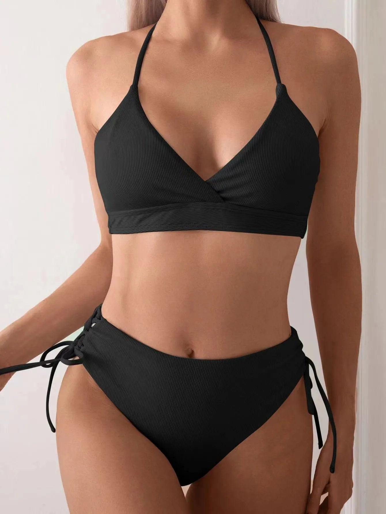 Cikini-V-Neck Split Bikini Set for Women, Sexy Swimsuit, Lace Up, Triangular Bikinis, Solid Color, Beach Swimwear, Bathing Suit