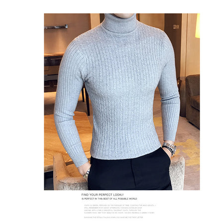 Mens Turtleneck Sweaters Winter Warm Knit Pullover Korean Cotton Solid Color Casual Slim Sweater Male Clothing Bottoming Shirt